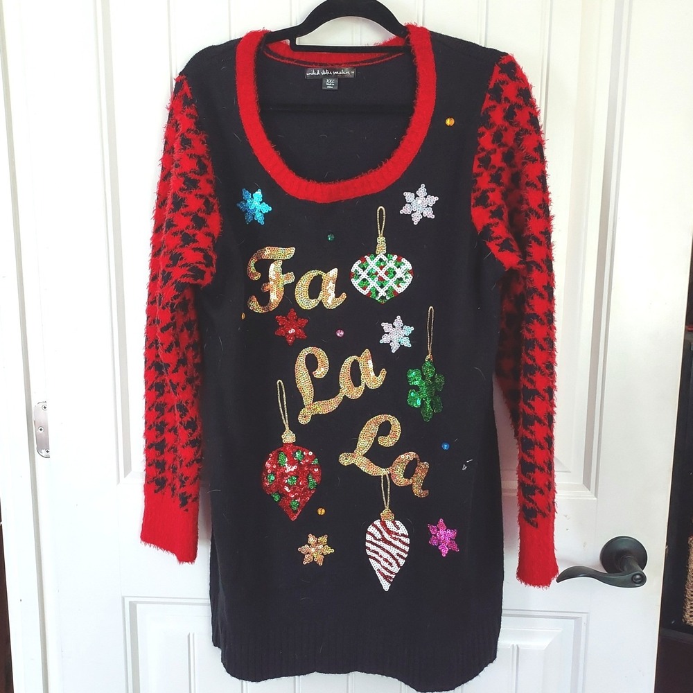 United States Sweater Ugly Christmas Sweater Women XXL Black Red Sequin Fa La La